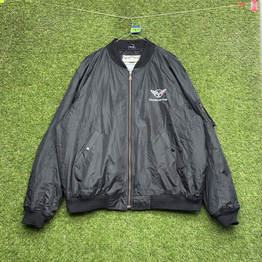 Vintage Corvette Jacket Mens 3XL Black Nylon Lined Embroidery Logo Zip Up Lined